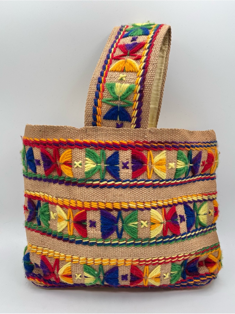 Vintage 70s Burlap Purse Bag Tote Multi Color Embroidery BOHO Hippie 14"